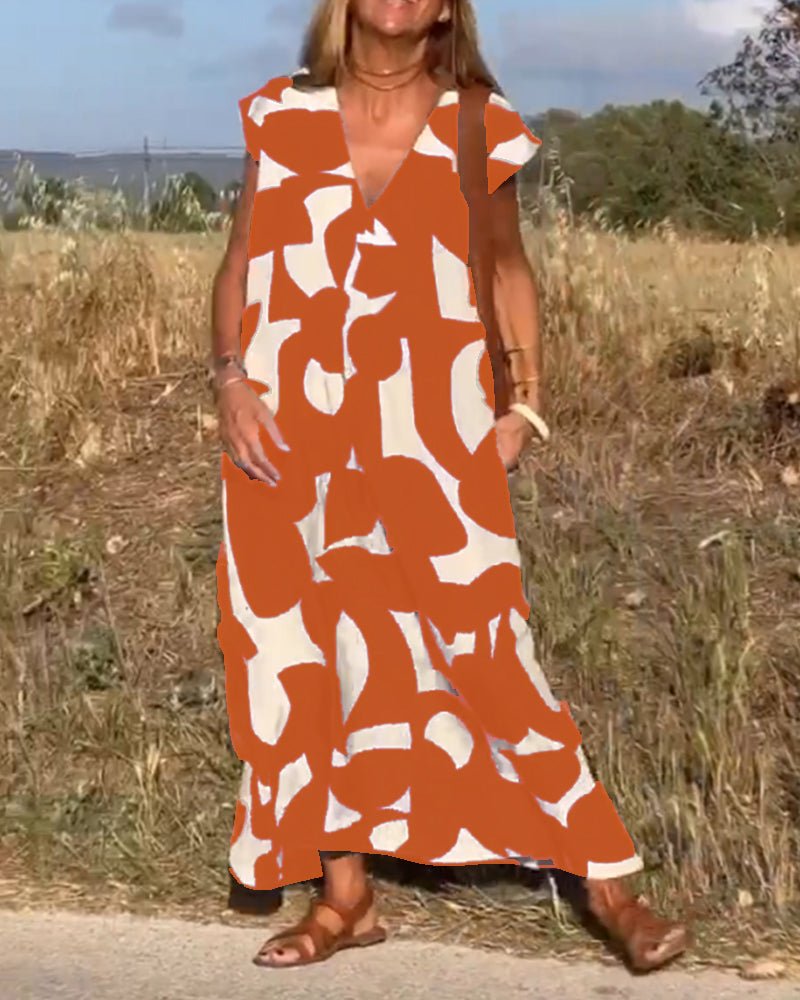 Printed V-Neck A-Line Summer Maxi Dress