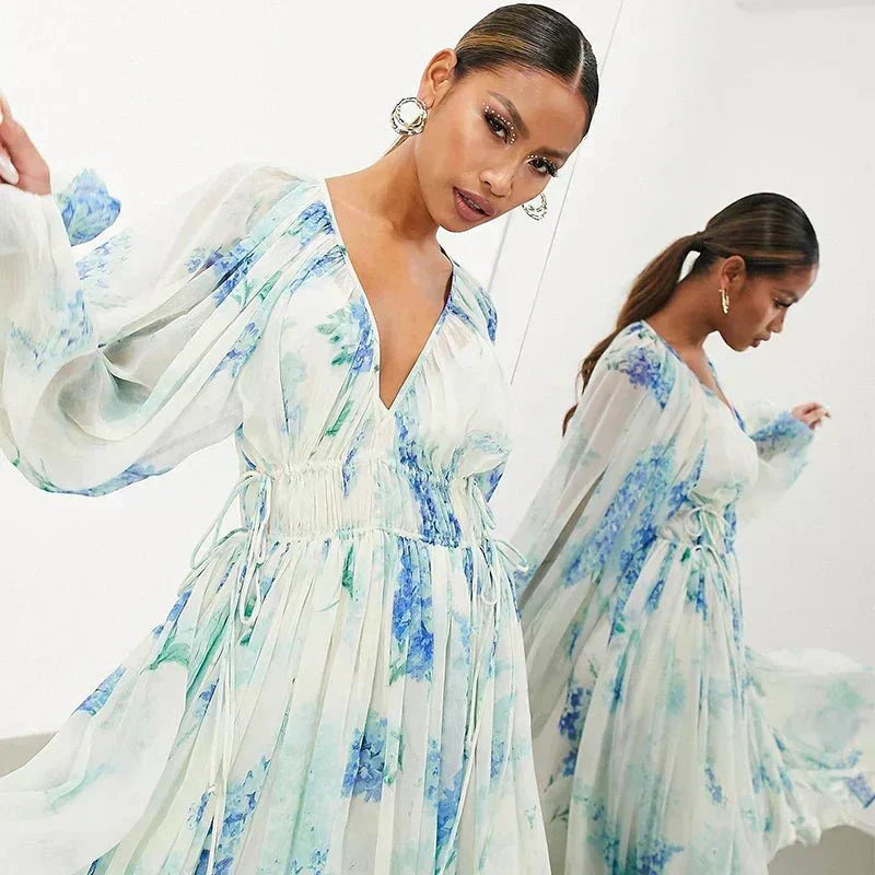 Floral Chiffon Drawstring Summer Maxi Dress