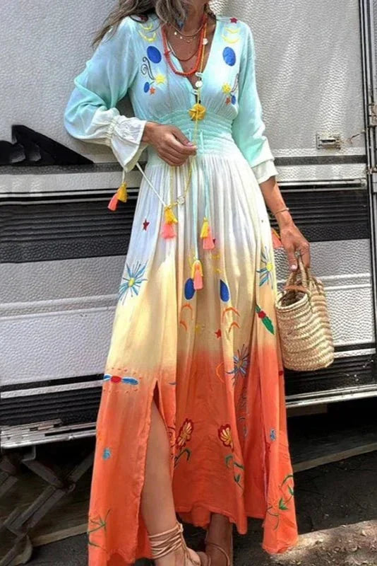 Ombre Floral V-Neck Summer Maxi Dress