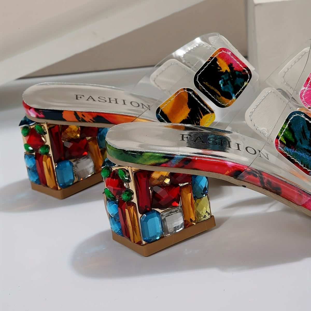 Rhinestone Chunky Heel Sandals for Women