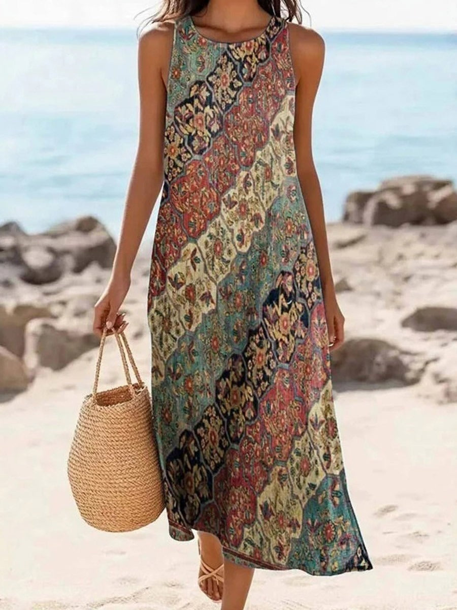 Vintage Ethnic Print Sleeveless Midi Dress