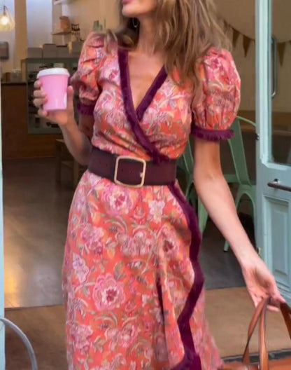 V-Neck Print A-Line Summer Maxi Dress