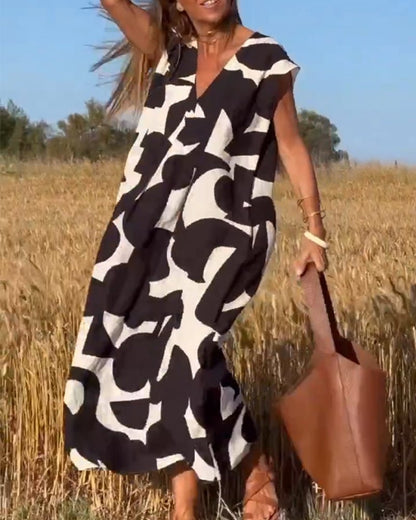 Printed V-Neck A-Line Summer Maxi Dress