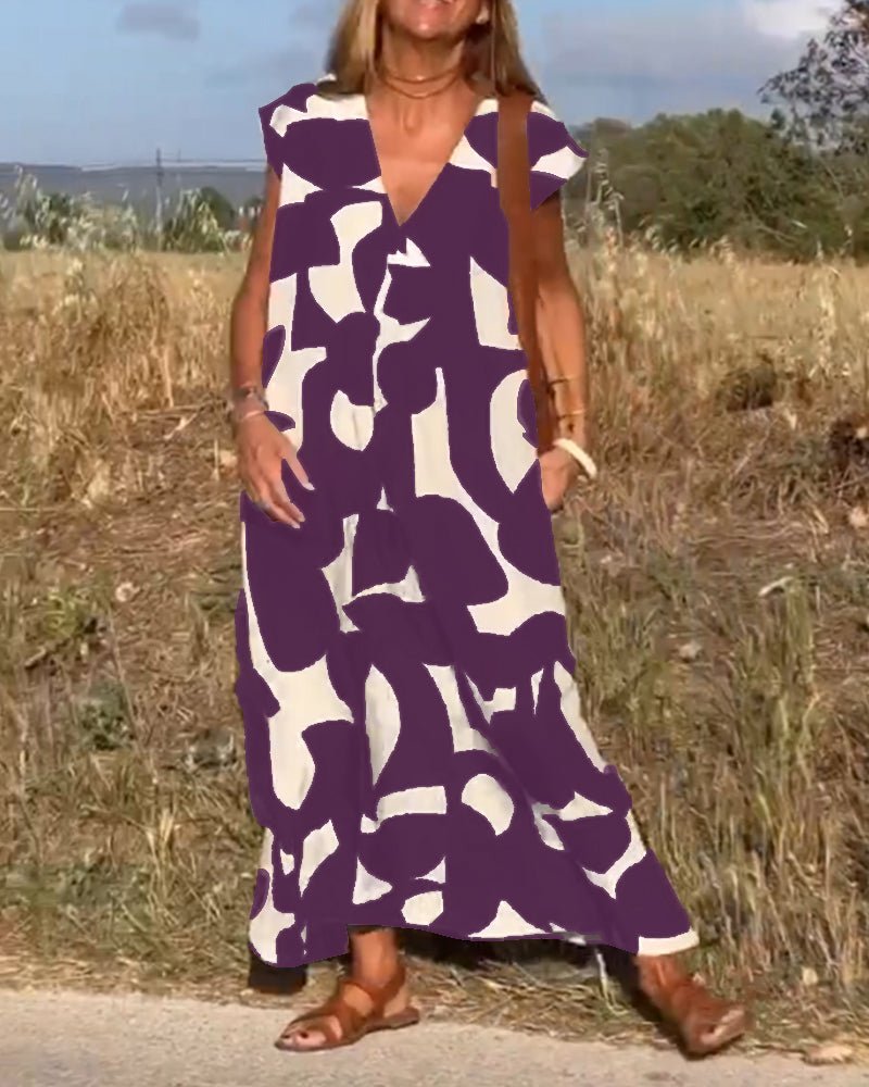 Printed V-Neck A-Line Summer Maxi Dress