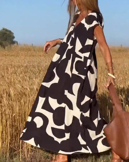 Printed V-Neck A-Line Summer Maxi Dress
