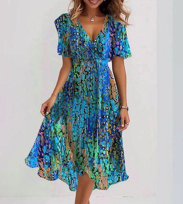 Blue Short Sleeve Summer Midi Dress