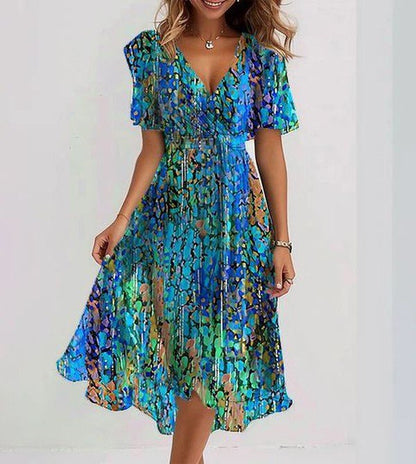 Blue Short Sleeve Summer Midi Dress