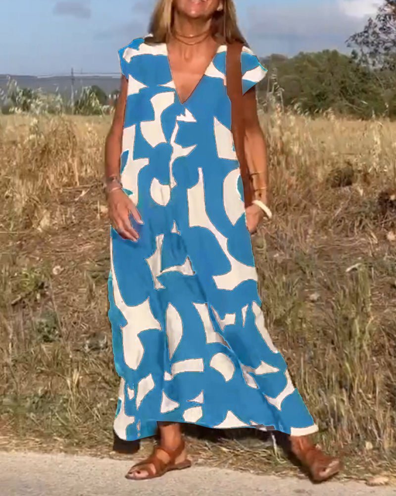 Printed V-Neck A-Line Summer Maxi Dress
