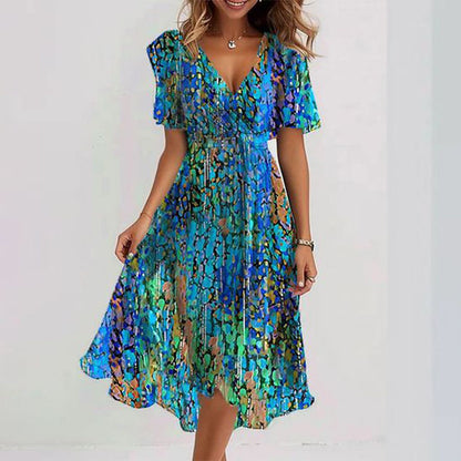 Blue Short Sleeve Summer Midi Dress