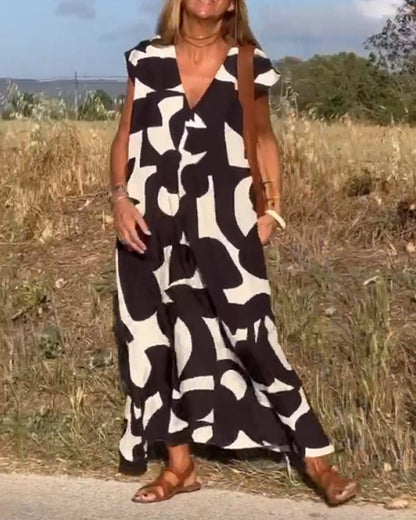 Printed V-Neck A-Line Summer Maxi Dress