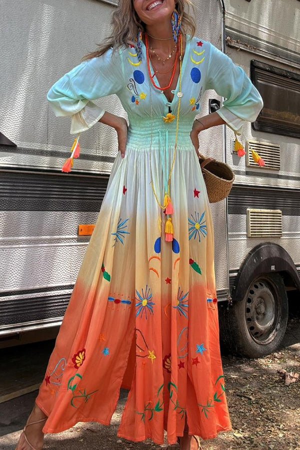 Ombre Floral V-Neck Summer Maxi Dress
