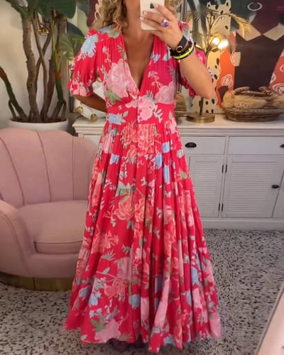 V-Neck Elastic Waist Summer Maxi Dress