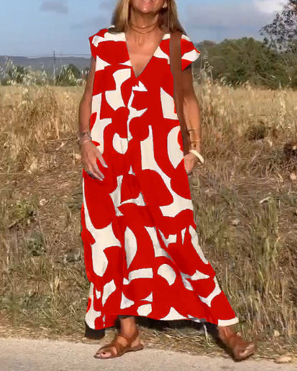 Printed V-Neck A-Line Summer Maxi Dress