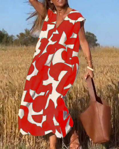 Printed V-Neck A-Line Summer Maxi Dress