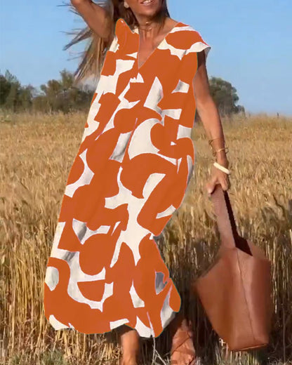 Printed V-Neck A-Line Summer Maxi Dress