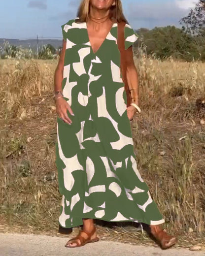 Printed V-Neck A-Line Summer Maxi Dress