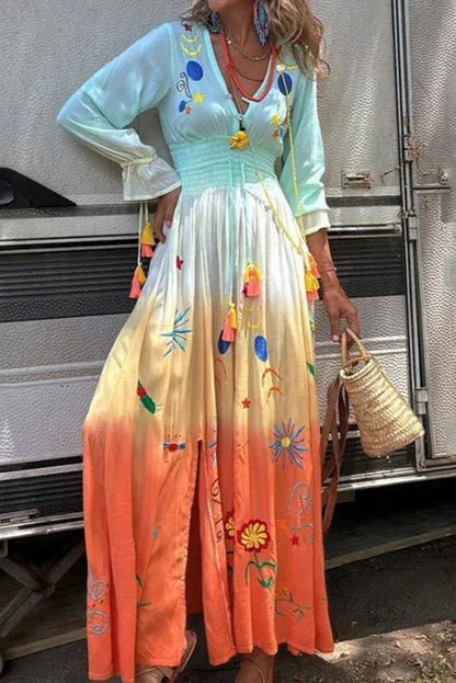 Ombre Floral V-Neck Summer Maxi Dress