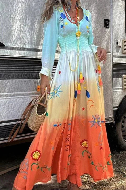 Ombre Floral V-Neck Summer Maxi Dress