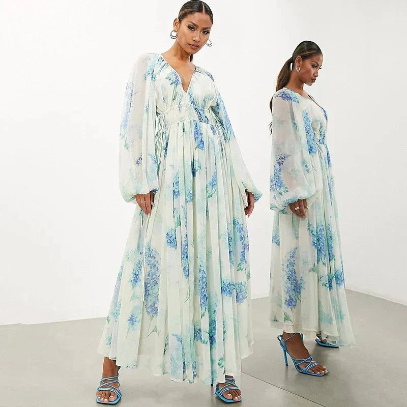Floral Chiffon Drawstring Summer Maxi Dress