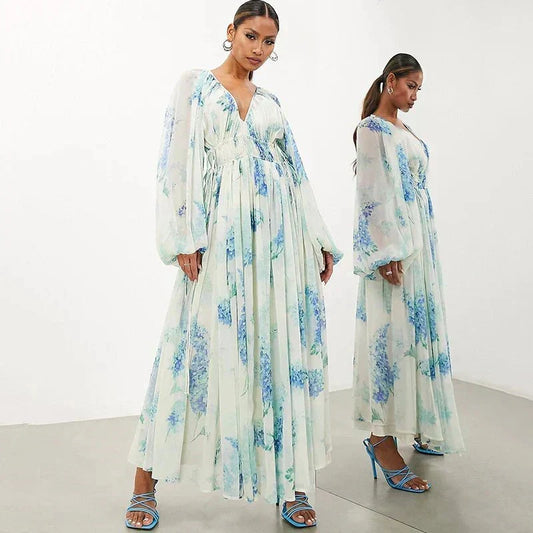 Floral Chiffon Drawstring Summer Maxi Dress
