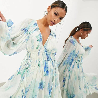 Floral Chiffon Drawstring Summer Maxi Dress