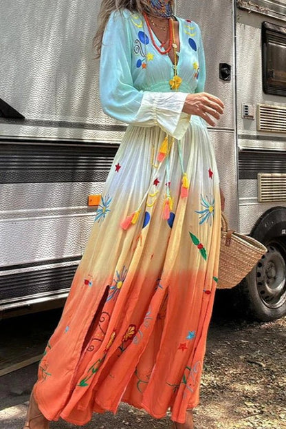 Ombre Floral V-Neck Summer Maxi Dress