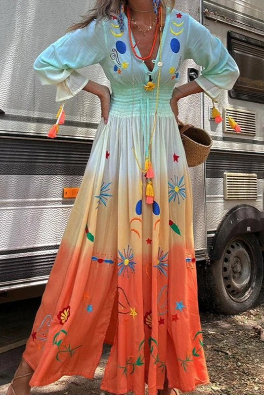 Ombre Floral V-Neck Summer Maxi Dress