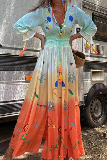 Ombre Floral V-Neck Summer Maxi Dress