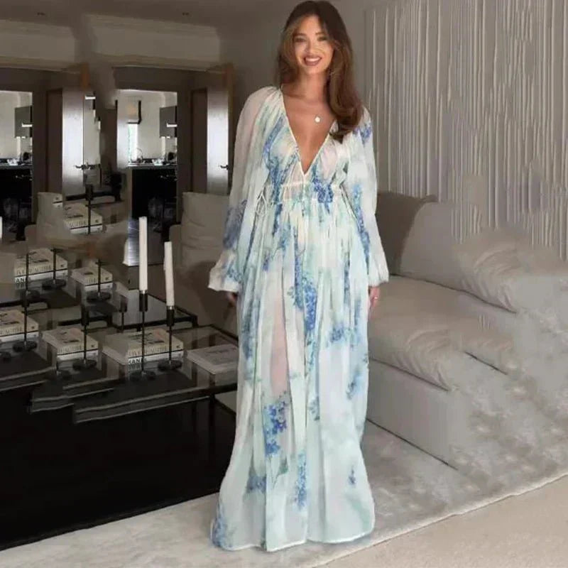 Floral Chiffon Drawstring Summer Maxi Dress