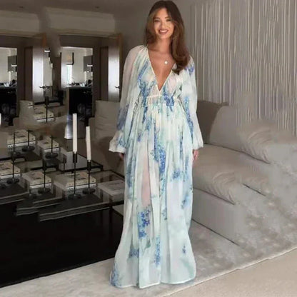 Floral Chiffon Drawstring Summer Maxi Dress