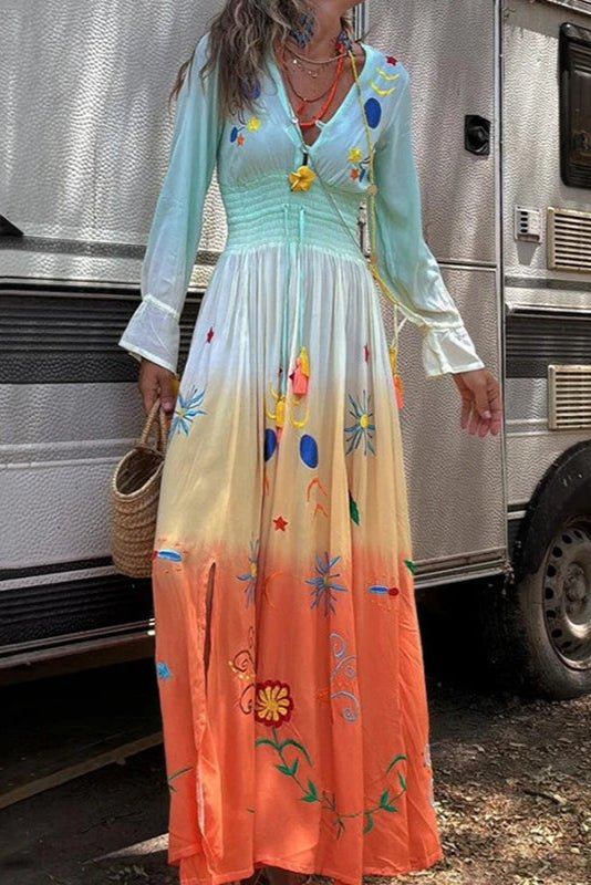 Ombre Floral V-Neck Summer Maxi Dress