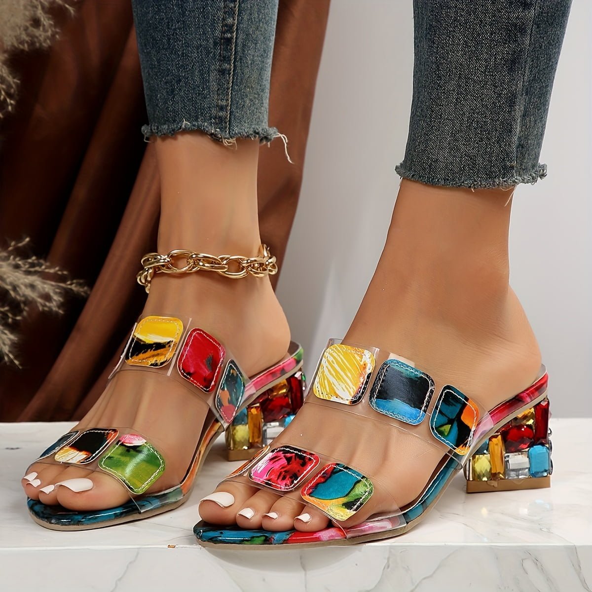 Rhinestone Chunky Heel Sandals for Women