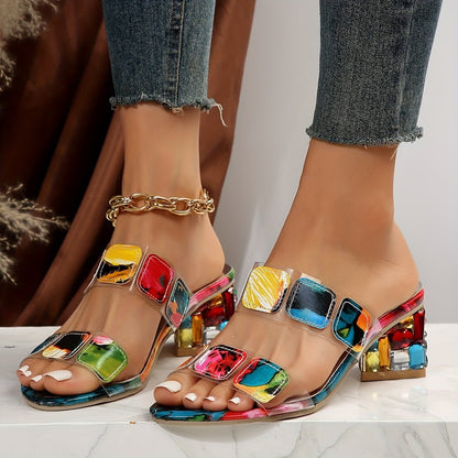 Rhinestone Chunky Heel Sandals for Women