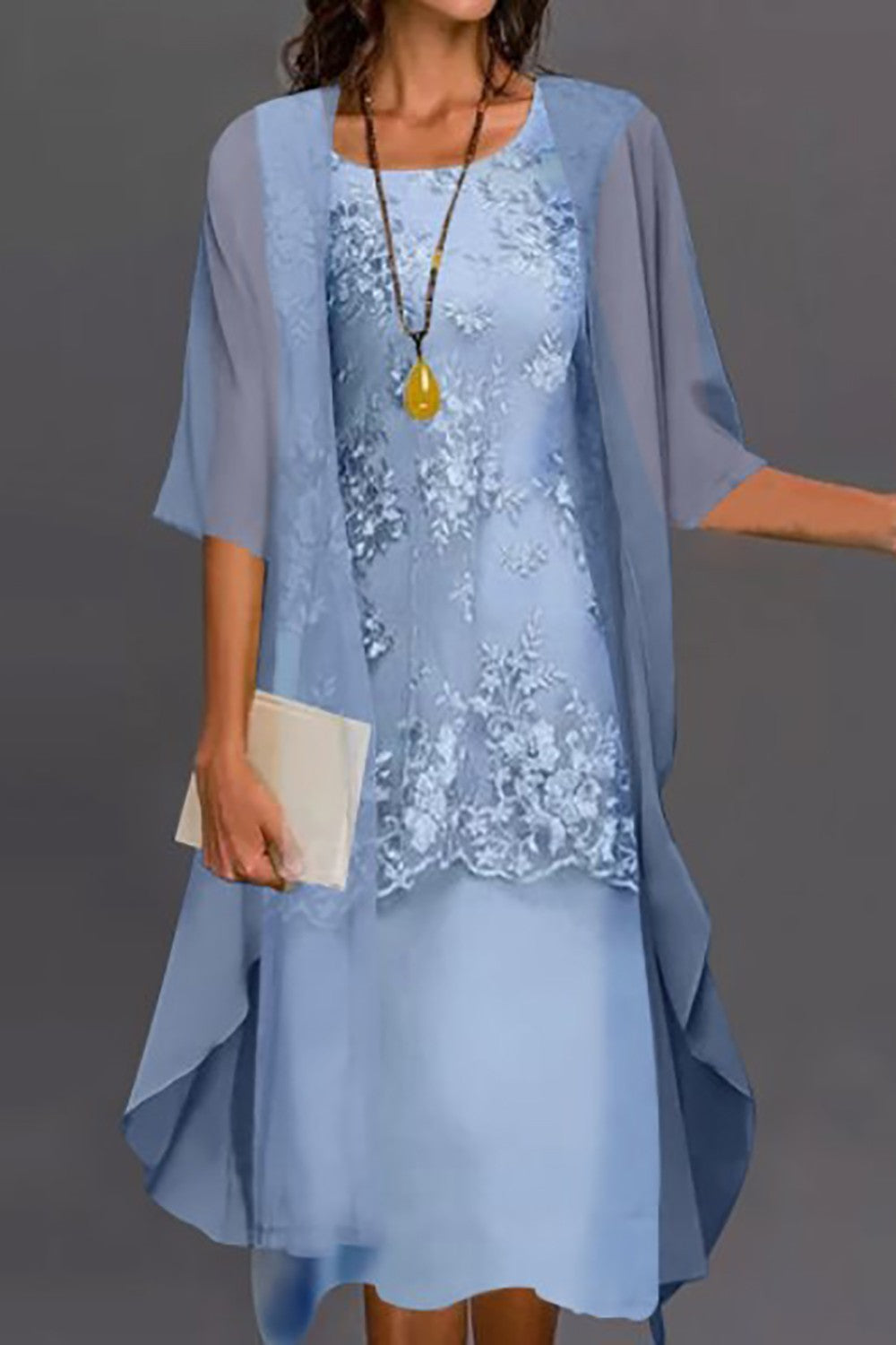 Lace Collar Two-Piece Midi Dress Set - front