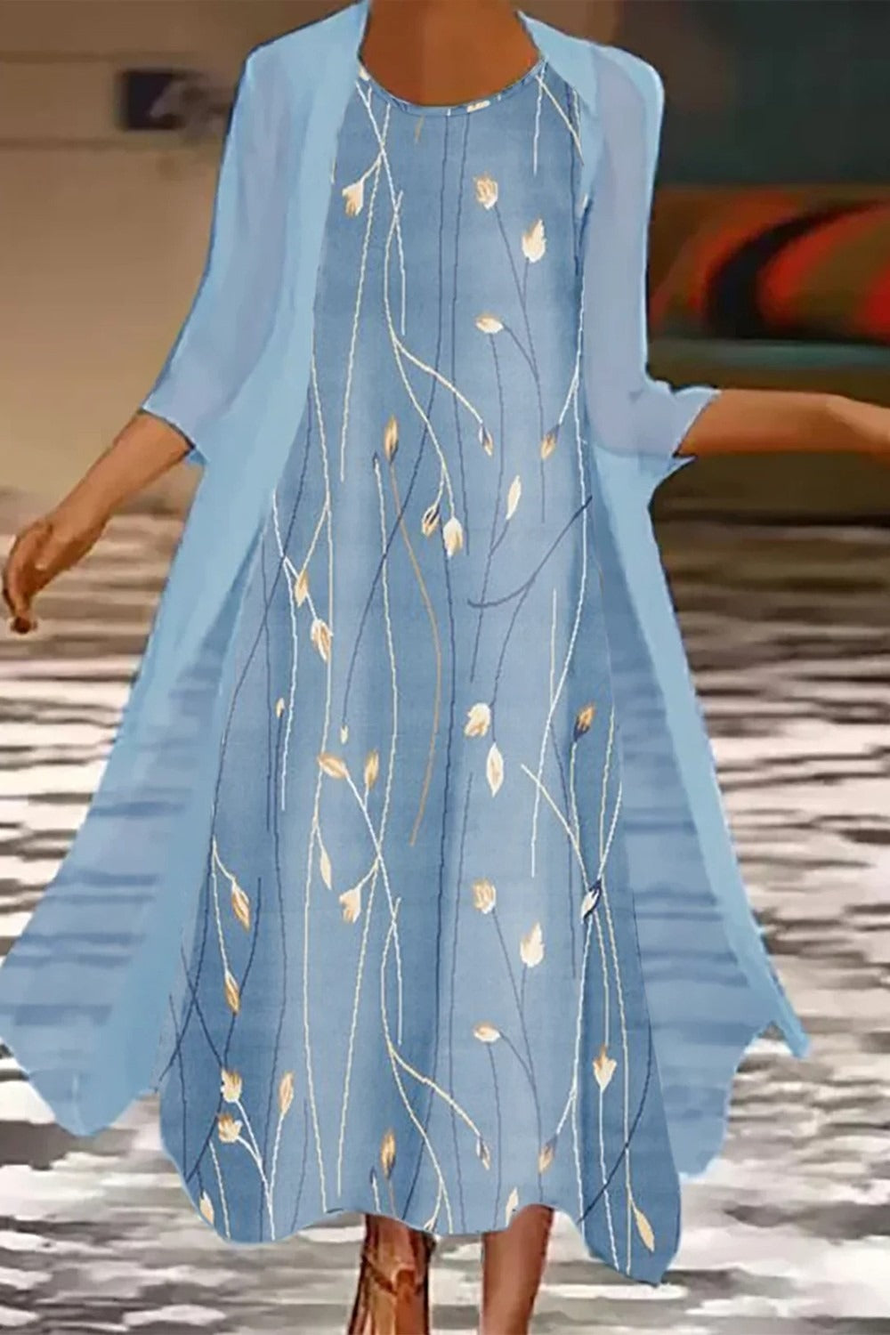 Floral Round Neck Two-Piece Maxi Set - front
