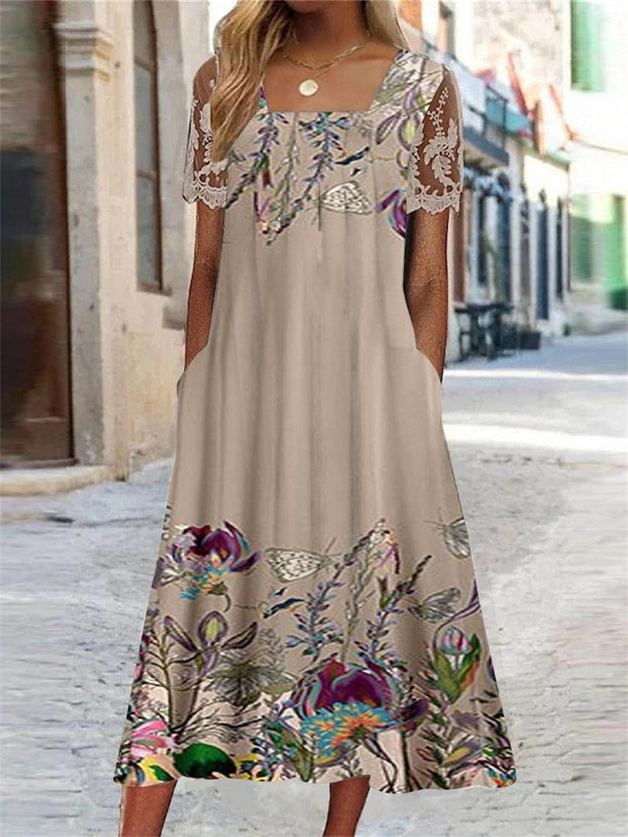 Square Neck Lace Panel Midi Dress