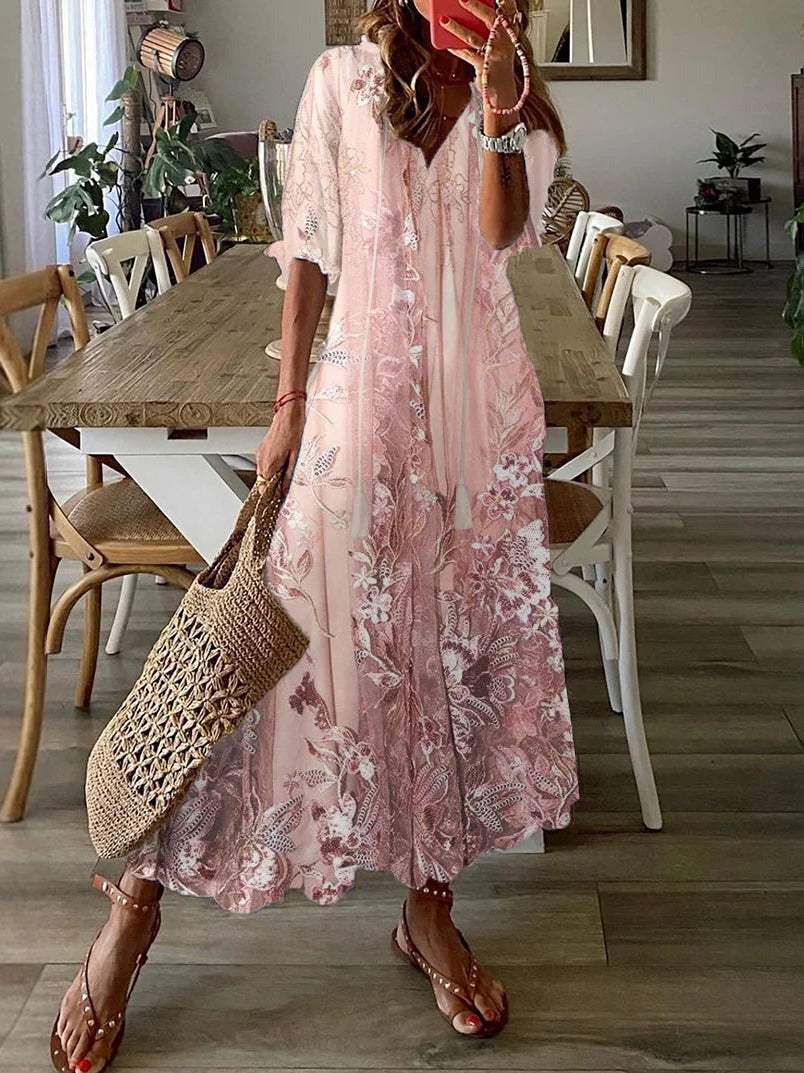 Floral Lace-Print V-Neck Maxi Dress - front
