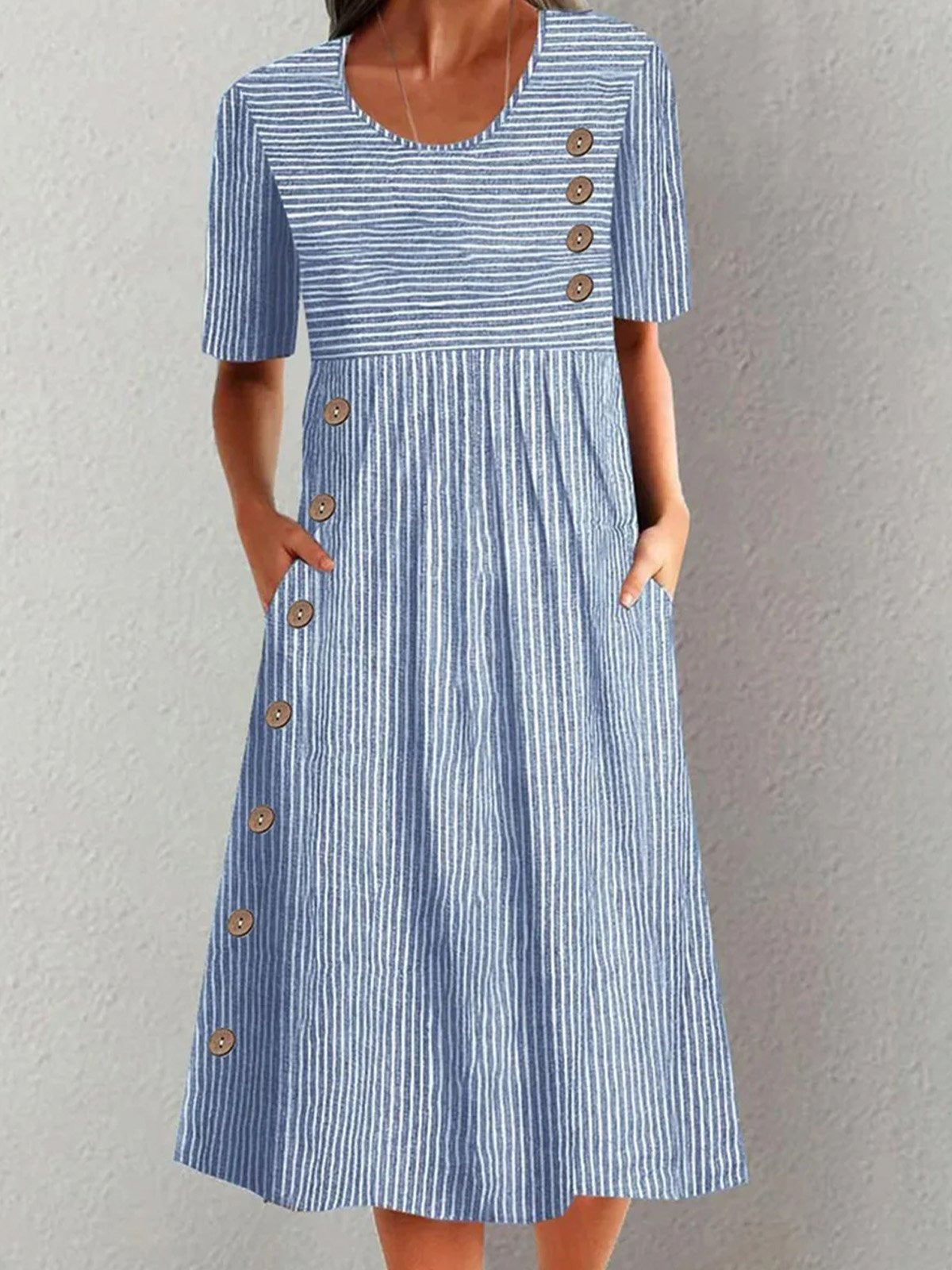 Striped Crew Neck Buckle Midi Dress
