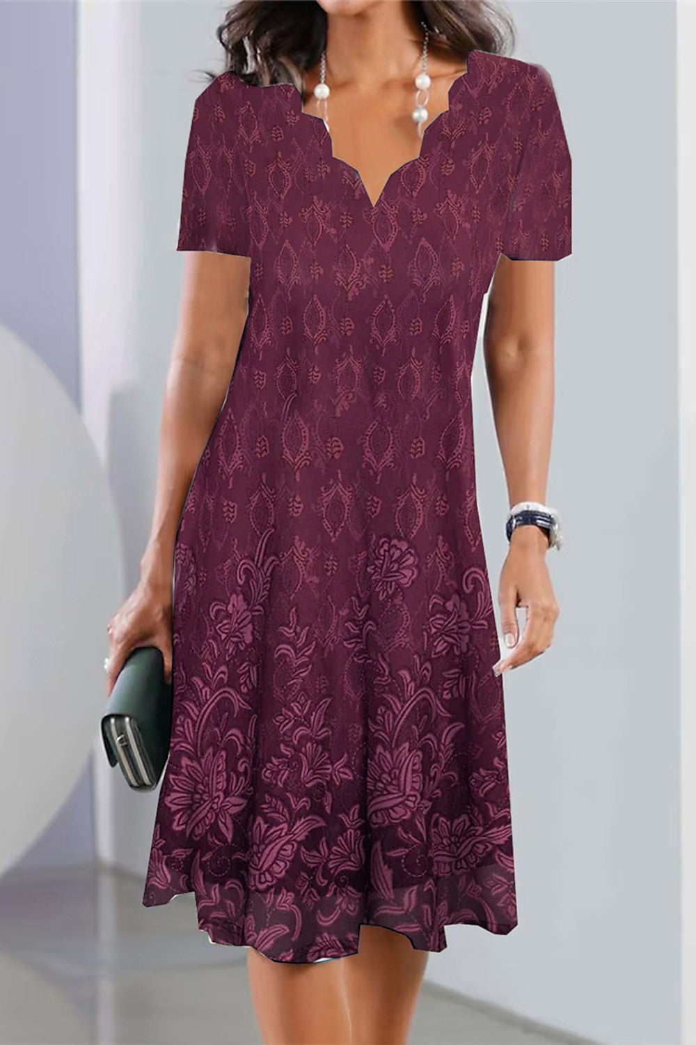 Scalloped Neck Floral Midi Dress