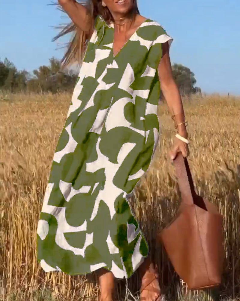 Printed V-Neck A-Line Summer Maxi Dress