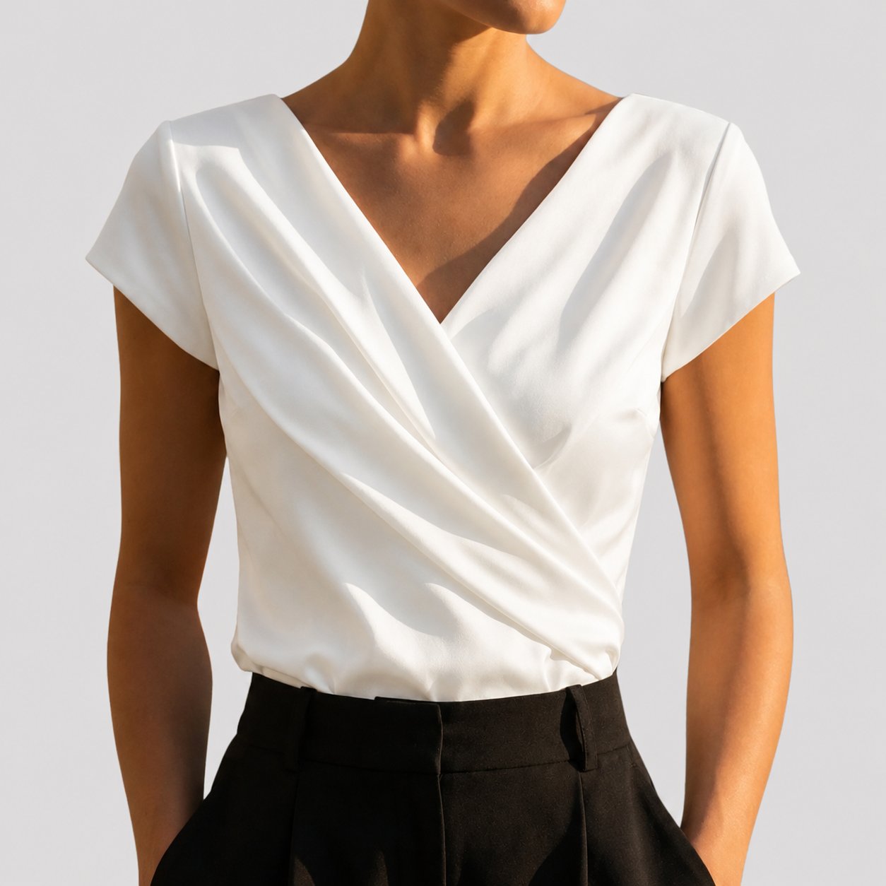 Wrap V-Neck Short Sleeve Blouse - White