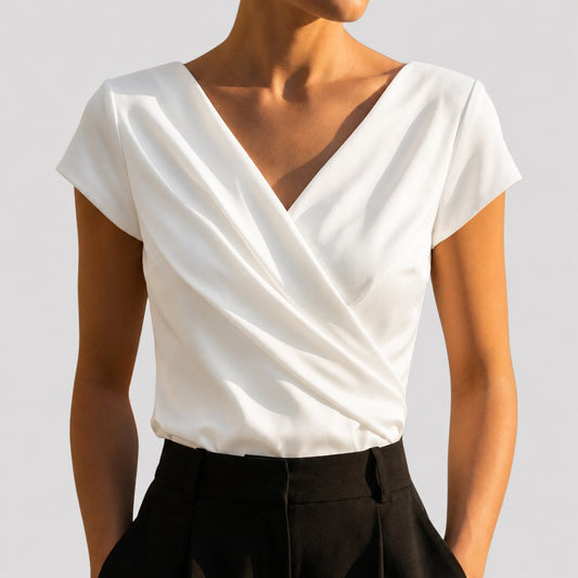 Wrap V-Neck Short Sleeve Blouse - White