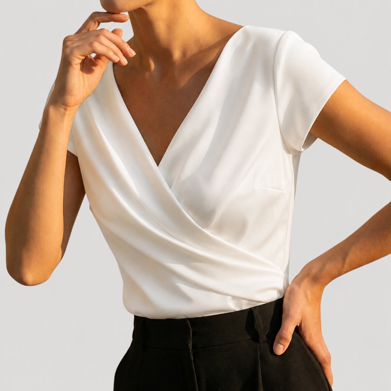 Wrap V-Neck Short Sleeve Blouse - White detail
