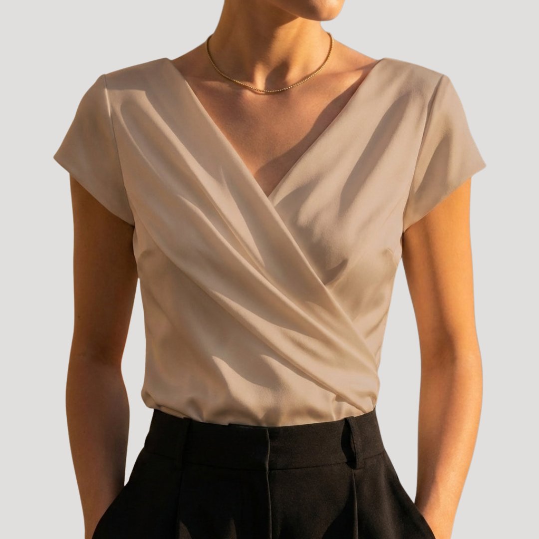 Wrap V-Neck Short Sleeve Blouse - Khaki