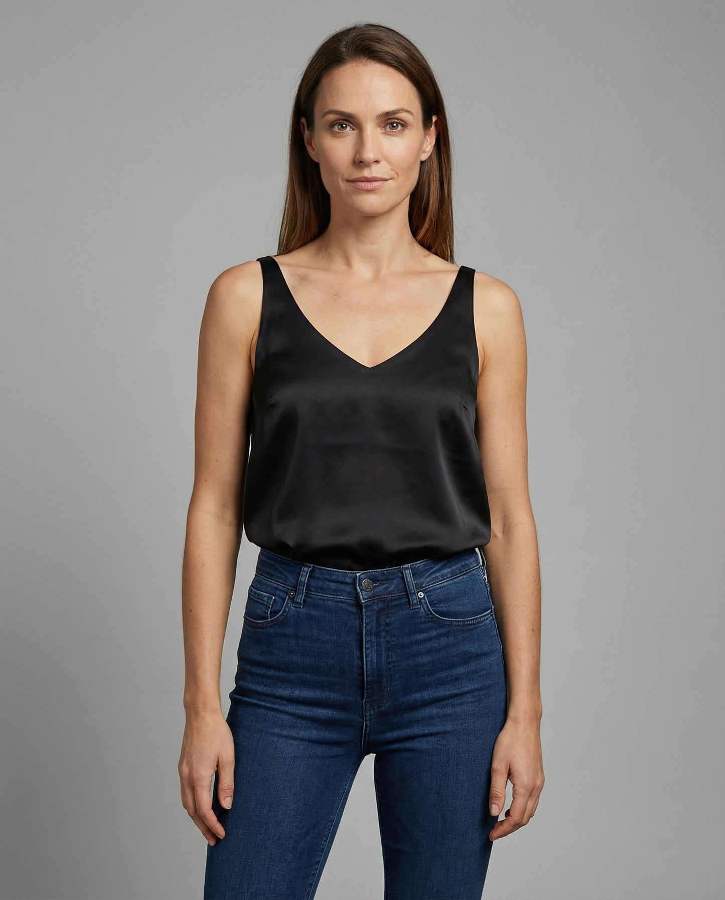 Satin V-Neck Camisole Top - Black