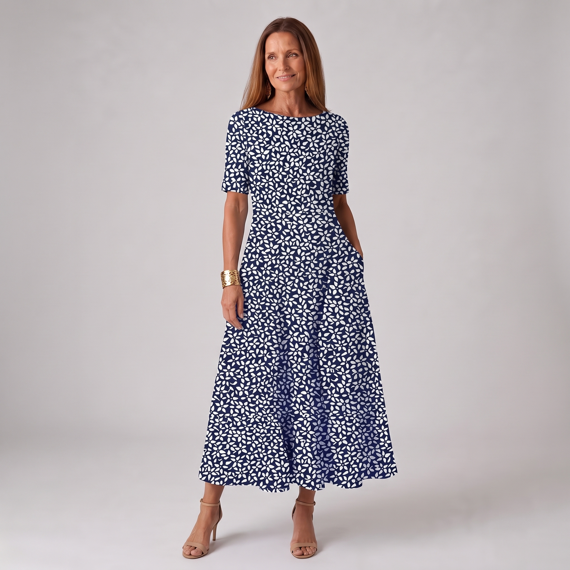 Floral Print Midi Dress with Round Neck - Dark Blue