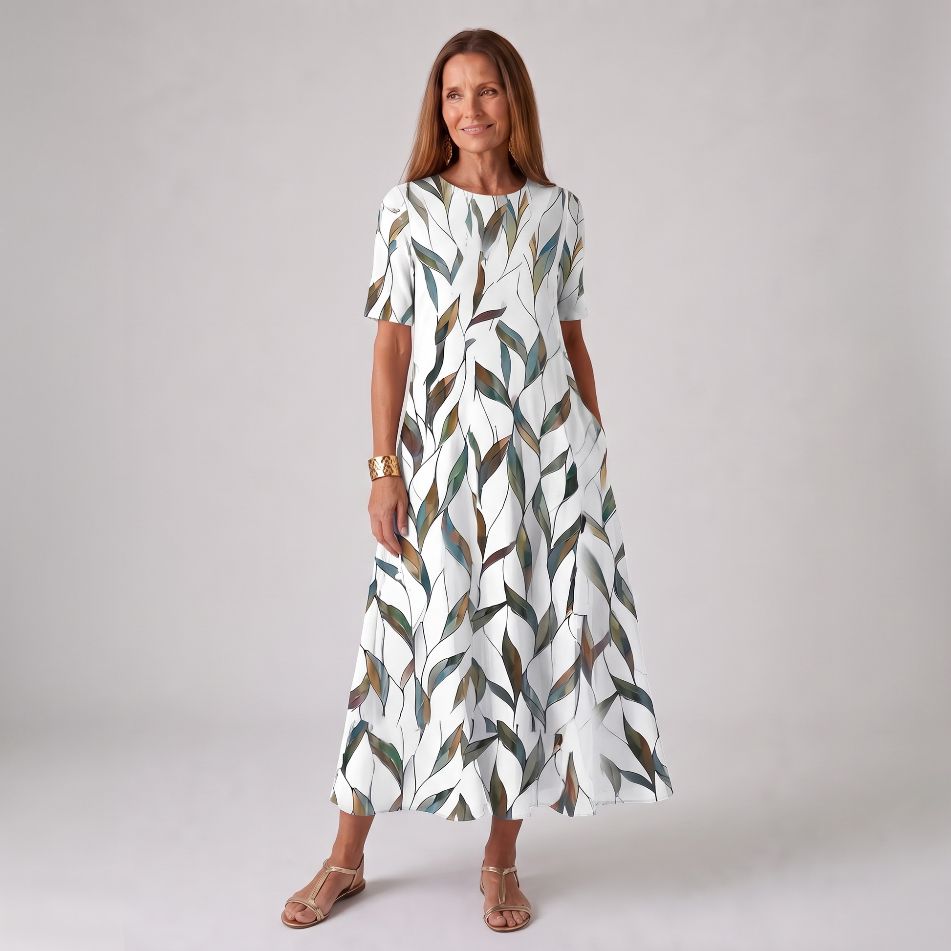 Floral Print Midi Dress with Round Neck - Green
