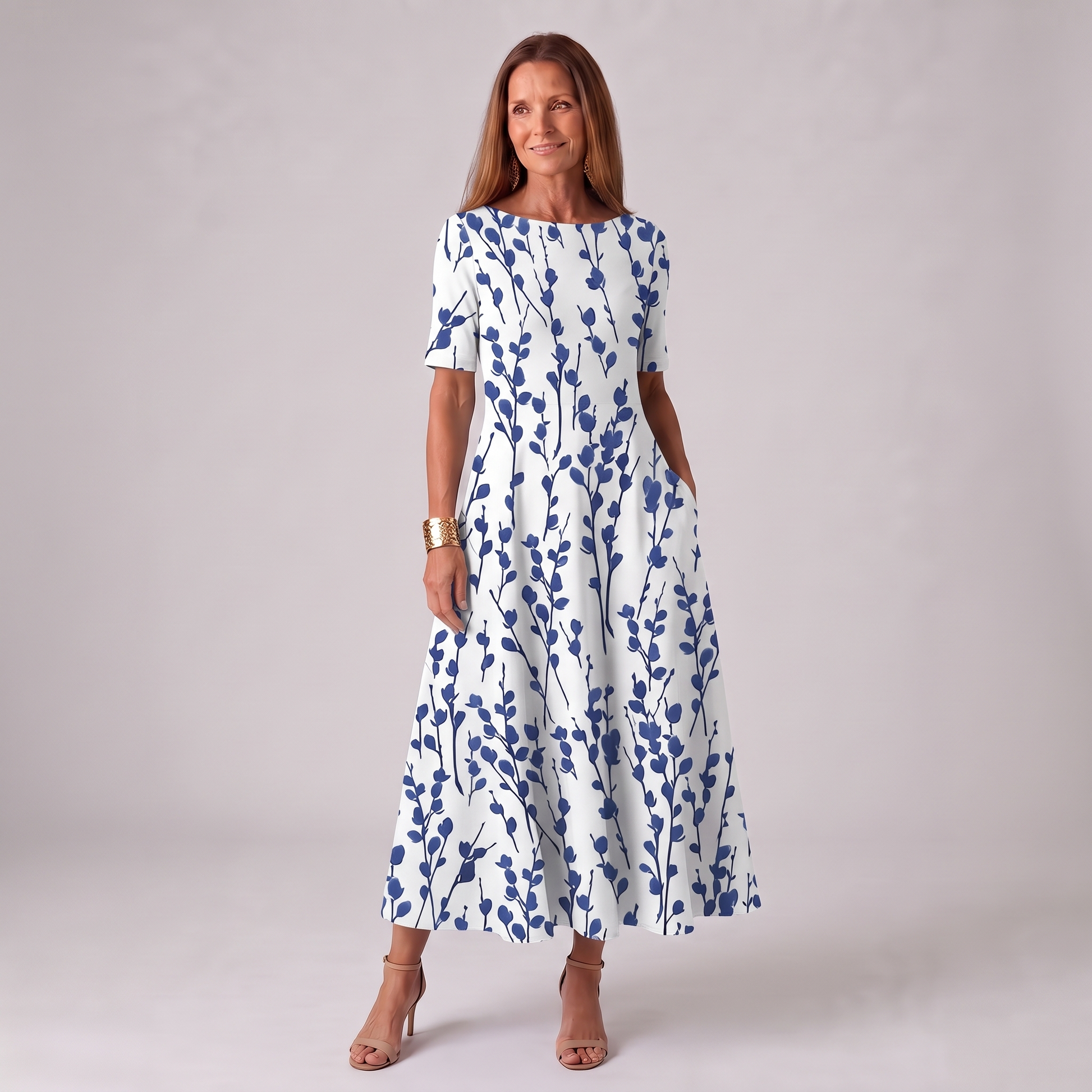 Floral Print Midi Dress with Round Neck - Blue