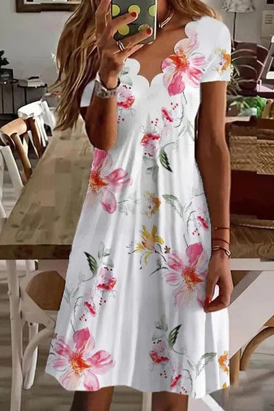 Scalloped V-Neck Floral Midi Dress