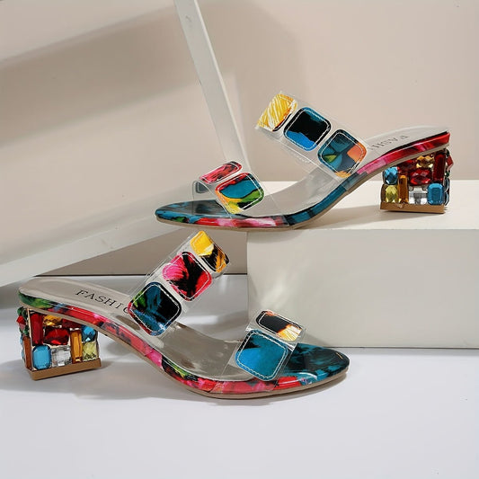Rhinestone Chunky Heel Sandals for Women